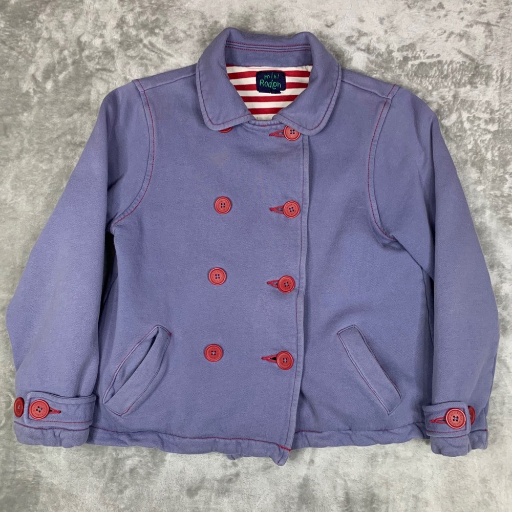 Mini Boden Girls Purple Cotton Jersey‎ Pea Coat Jacket Red Stripes Size 11-12Y
